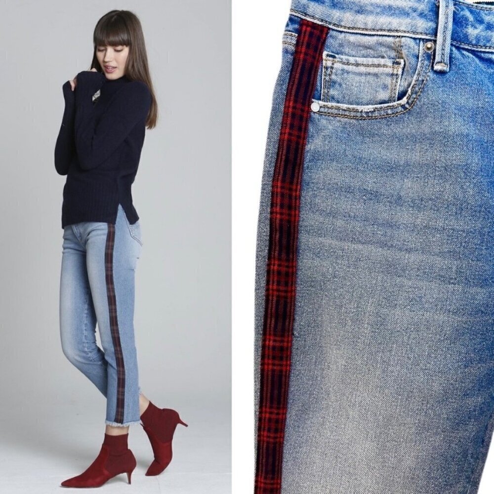 Driftwood Colette Straight Crop Fray Hem Plaid tuxedo stripe Jeans Denim Size 26